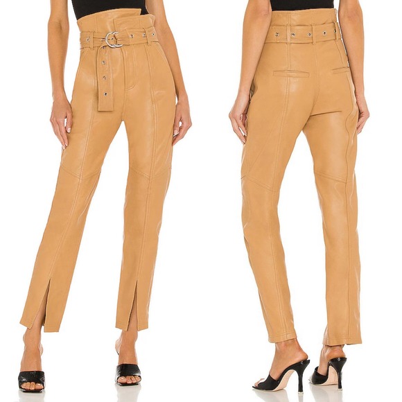 Marissa Webb Anniston Split Hem 100% Leather Pant Fawn Tan Ankle Belted Size 2 - Picture 1 of 15